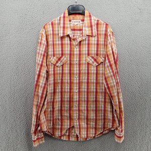 BKE Vintage 67 Shirt Mens Large Orange‎ Red Tartan Plaid Pearl Snap Western